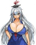  breasts bursting_breasts cleavage huge huge_breasts kamishirasawa_keine no_bra sachito simple_background touhou white_hair 