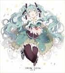  aqua_eyes aqua_hair black_legwear character_name flower hair_flower hair_ornament hair_ribbon hatsune_miku long_hair looking_at_viewer nine_(liuyuhao1992) outstretched_arms pantyhose ribbon shirt skirt smile solo twintails very_long_hair vocaloid yuki_miku 