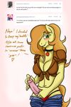  &lt;3 animal_genitalia anthro anthrofied apple blonde_hair blush braeburn_(mlp) breasts cleavage clothed clothing collar crossdressing dialog dickgirl english_text equine friendship_is_magic fruit green_eyes hair hasana-chan horse horsecock intersex looking_at_viewer mammal my_little_pony navel panties penis pony solo text tumblr underwear 