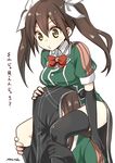  absurdres artist_name black_gloves black_legwear bow bowtie breast_rest breasts breasts_on_head brown_hair carrying chikuma_(kantai_collection) elbow_gloves gloves hair_ribbon head_under_skirt highres kantai_collection kneehighs long_hair medium_breasts multiple_girls pelvic_curtain remodel_(kantai_collection) ribbon ryuki_(ryukisukune) short_hair shoulder_carry signature simple_background single_glove single_kneehigh single_thighhigh skirt thighhighs tone_(kantai_collection) translation_request twintails white_background white_ribbon yellow_eyes 