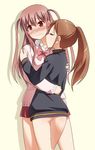  achiga_school_uniform ass atarashi_ako bare_legs blush bottomless bow brown_hair closed_eyes height_difference hug imminent_kiss jacket long_hair long_sleeves multiple_girls naked_track_jacket no_panties no_pants pink_hair ponytail red_eyes saki school_uniform simple_background takakamo_shizuno track_jacket two_side_up umekichi very_long_hair white_background yuri 