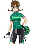  akizuki_ritsuko anbj antenna_hair bike_shorts biker_clothes bikesuit braid brown_eyes brown_hair glasses helmet highres idolmaster idolmaster_(classic) short_hair smile solo twin_braids 