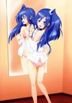  absurdres amulet ass bare_legs barefoot blue_eyes blue_hair blush bra breasts comb dress_shirt highres jewelry kazanari_tsubasa long_hair looking_at_viewer looking_back mirror necklace no_pants nyantype off_shoulder official_art one_side_up open_clothes open_mouth open_shirt panties pendant pink_bra pink_panties reflection scan senki_zesshou_symphogear shibuya_sakae shirt small_breasts solo standing symphogear_pendant underwear undressing white_shirt 