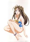  aa_megami-sama absurdres anklet barefoot belldandy blue_eyes bracelet breasts brown_hair cleavage earrings facial_mark feet forehead_mark full_body highres jewelry legs long_hair matsubara_hidenori medium_breasts official_art one-piece_swimsuit parted_lips ring shiny shiny_skin simple_background smile solo swimsuit white_background 