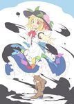  :d alternate_costume blonde_hair boots bow bowtie brown_footwear collared_shirt cosplay dress fangs food foreshortening frilled_dress frills fruit full_body hair_ribbon hat hinanawi_tenshi hinanawi_tenshi_(cosplay) ink looking_at_viewer multicolored multicolored_clothes multicolored_dress open_mouth outstretched_arms red_eyes ribbon rumia sash satou_kibi shirt shoelaces short_hair short_sleeves simple_background smile solo standing standing_on_one_leg swirling touhou 