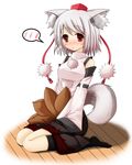  animal_ears bare_shoulders blush breasts detached_sleeves hat highres inubashiri_momiji large_breasts looking_at_viewer mtd_(matidappp) open_mouth pom_pom_(clothes) red_eyes shirt short_hair silver_hair sitting skirt solo tail tokin_hat touhou white_shirt wolf_ears wolf_tail 