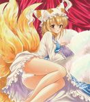  ass blonde_hair dress fox_tail hat lace lace-trimmed_panties long_sleeves looking_at_viewer lying marker_(medium) multiple_tails on_side open_mouth panties pantyshot pantyshot_(lying) pillow pillow_hat solo tabard tail tegaki_no_yuu touhou traditional_media underwear upskirt white_dress white_panties wide_sleeves yakumo_ran yellow_eyes 