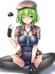  ;p beret black_gloves black_legwear blue_neckwear breasts butterfly_sitting covered_navel explosive fingerless_gloves gloves green_eyes green_hair grenade hat jacket large_breasts looking_at_viewer necktie one-piece_swimsuit one_eye_closed open_clothes open_jacket original school_swimsuit short_hair sitting solo swimsuit thighhighs tongue tongue_out tsukumiya_amane white_background 