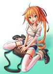  1girl bag boots green_eyes highres orange_hair original ranken ribbon see-through thighhighs white_legwear 