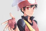  black_hair blurry depth_of_field face fingerless_gloves gloves light_smile looking_at_viewer male_focus obo pokemon pokemon_special red_eyes ruby_(pokemon) simple_background solo upper_body 