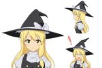  1girl blonde_hair blush bow braid cato_(monocatienus) from_side hair_bow hat hat_bow kirisame_marisa looking_at_viewer open_mouth parted_lips puffy_sleeves short_sleeves single_braid smile surprised touhou turtleneck upper_body vest white_background white_bow witch witch_hat yellow_eyes 