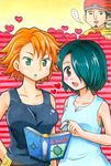  1boy 2girls amana_(hunter_x_hunter) asta_(hunter_x_hunter) book breasts brown_eyes buttobi_eriko green_eyes green_hair hair_over_one_eye hunter_x_hunter jewelry large_breasts multiple_girls orange_hair ring short_hair 