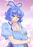  blue_dress blue_eyes blue_hair breast_hold breasts cleavage dress finger_to_mouth hair_ornament hair_rings hair_stick kaku_seiga large_breasts looking_at_viewer pera-o seductive_smile short_hair smile solo touhou 