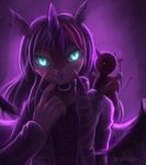  anthro blue_eyes collar cross demon evil glowing glowing_eyes horn nurinaki piercing pitchfork purple_theme red_eyes shirt_logo signature sitting smile spade_tail wings 