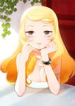  blonde_hair bracelet breast_rest breasts chin_rest cleavage elbow_rest grey_eyes head_on_hand jewelry large_breasts long_hair looking_at_viewer moran parted_lips pokemon pokemon_(anime) pokemon_(game) pokemon_xy serena_(pokemon) solo table 