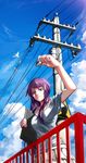  bakemonogatari blue_eyes casual day highres long_hair looking_at_viewer monogatari_(series) mr_cloud power_lines purple_hair railing senjougahara_hitagi sign 