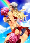  ass black_panties blonde_hair bulge cheerleader commentary_request crossdressing helmet long_hair male_focus marvel panties pom_poms rainbow riko_(k_riko) solo thor_(marvel) underwear 