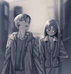  1girl glasses greyscale hand_in_pocket jacket kara_no_kyoukai kokutou_mikiya monochrome ryougi_shiki taa_(acid) 