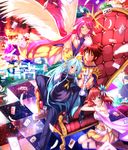  3girls :q angel_wings bare_shoulders black_legwear blue_eyes blue_hair board_game boots breasts brown_eyes card chair checkered checkered_floor chess chess_piece crown dress glint grin halo head_rest highres indoors jibril_(no_game_no_life) large_breasts looking_at_viewer multiple_girls no_game_no_life petting pink_eyes pink_hair playing_card red_hair shawl shiro_(no_game_no_life) sideboob sitting smile sora_(no_game_no_life) stephanie_dora swordsouls teeth thighhighs throne tongue tongue_out white_wings wings yellow_eyes yokozuwari 