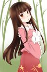  :3 anata_(lighttuner) animal animal_hug bamboo bamboo_forest bow brown_eyes brown_hair bunny forest highres houraisan_kaguya japanese_clothes leaning_back long_hair looking_at_viewer nature open_mouth orange_eyes outdoors solo touhou very_long_hair |_| 