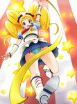 :d alternate_form amida_desuyo arm_up blonde_hair blue_panties blue_skirt boots cure_honey from_below full_body gymnastics_ribbon happinesscharge_precure! highres knee_boots long_hair magical_girl oomori_yuuko open_mouth panties polka_dot polka_dot_panties popcorn_cheer precure puffy_sleeves skirt smile solo star striped striped_background twintails underwear upskirt wrist_cuffs yellow_eyes 