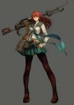  ammo_box ammunition_belt aqua_eyes bipod breasts brown_hair brown_legwear cartridge full_body green_skirt grey_background gun hand_on_hip handgun highres huge_weapon jittsu kord_heavy_machine_gun long_hair machine_gun magazine_(weapon) medium_breasts muzzle_brake navel original over_shoulder pantyhose pistol pleated_skirt red_hair school_uniform serafuku shoes simple_background skirt solo tokarev_tt-33 weapon weapon_over_shoulder 