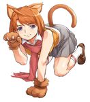  :3 animal_ears bent_over blue_eyes cat_ears kneehighs minato_fumi my-hime orange_hair paw_pose paws red_scarf scarf school_uniform short_hair simple_background skirt smile socks solo tail tokiha_mai white_background 