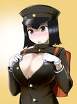  akitsu_maru_(kantai_collection) backpack bag black_hair breasts cleavage dha gloves hat kantai_collection large_breasts military military_uniform open_clothes open_mouth open_shirt remodel_(kantai_collection) shirt short_hair solo uniform white_gloves 