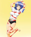  arms_up barefoot bdsm blue_eyes blue_hair bondage bound buruma chaborin gym_uniform long_hair navel original red_ribbon ribbon ribbon_bondage solo toes 