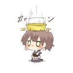  basin blush brown_hair chibi falling hitting kaga_(kantai_collection) kantai_collection lowres muneate object_on_head rebecca_(keinelove) short_hair side_ponytail sitting solo sweat yellow_eyes 