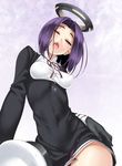  1girl admiral_(kantai_collection) black_gloves blush breasts covered_nipples dress_shirt drooling gloves hand_on_hip highres kantai_collection kure_masahiro long_sleeves looking_at_viewer mechanical_halo neck_ribbon no_bra open_mouth purple_eyes purple_hair ribbon saliva saliva_trail school_uniform shirt short_hair small_breasts sweat tatsuta_(kantai_collection) tongue 