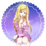  alicia_florence aria bad_id bad_pixiv_id blonde_hair breasts cleavage large_breasts long_hair purple_eyes smile solo tomomi_(mltplus) 