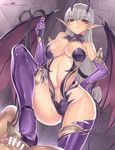  bdsm boots breasts cameltoe censored covered_nipples crotch_kick cum demon_girl demon_horns demon_tail demon_wings detached_collar elbow_gloves femdom gloves hakaba_(dairiseki) highres horns large_breasts leotard long_pointy_ears penis pointy_ears precum shoejob silver_hair skin_tight smile solo_focus stepped_on tail tamakeri thigh_boots thighhighs whip wings 
