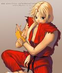  armor bandages bandaid blonde_hair blue_eyes breasts dougi eyebrows fang genderswap genderswap_(mtf) hair_ribbon indian_style japanese_armor ken_masters kote long_hair low-tied_long_hair medium_breasts mouth_hold nekkeau no_bra ribbon sideboob sitting sleeveless solo source_request street_fighter watermark web_address 