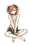  bare_legs barefoot belt bracelet captain_earth feet hair_ornament indian_style jewelry minato_fumi orange_hair purple_hair short_hair shorts sitting smile solo yomatsuri_akari 