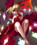  adapted_costume ascot aurora_rokudo bare_legs barefoot blonde_hair blush fangs flandre_scarlet grin koumajou_densetsu laevatein red_eyes short_hair side_ponytail smile solo touhou wings 