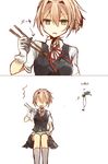  2koma aircraft airplane blue_eyes chibirisu chopsticks comic food_theft gloves hair_ornament highres kantai_collection neck_ribbon pink_hair ponytail red_ribbon ribbon school_uniform shiranui_(kantai_collection) short_hair silent_comic skirt translated white_gloves 