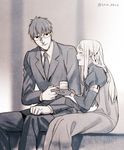  1girl blush braid caster couple fate/stay_night fate_(series) formal glasses greyscale hetero kuzuki_souichirou monochrome pointy_ears suit taa_(acid) tea 