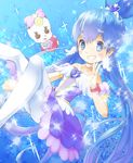  alternate_form ballerina blue blue_background blue_eyes blue_hair blue_skirt bow choker creature crown cure_princess dress earrings grin hair_bun happinesscharge_precure! jewelry long_hair magical_girl masatome pantyhose pink_bow precure ribbon_(happinesscharge_precure!) sherbet_ballet shirayuki_hime skirt smile strapless strapless_dress twintails white_legwear 