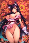  animal_ears bare_shoulders black_hair blush bottomless breasts dated ecell floral_background fox_ears fox_tail gloves large_breasts long_hair nipples open_mouth purple_eyes pussy signature solo tail tera_online white_gloves 