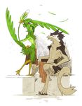  dancing digitigrade duo feathers green_feathers lingrimm loincloth male nevrean sergal sitting size_difference undressing 