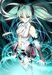  2014 absurdres aqua_eyes bridal_gauntlets center_opening dated floating_hair green_hair hatsune_miku hatsune_miku_(append) highres long_hair navel shiimai solo thighhighs twintails vocaloid vocaloid_append 