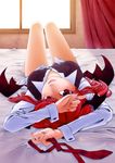  bat_wings bed chie_no_ringo head_wings highres koakuma long_hair looking_at_viewer lying nail_polish necktie necktie_removed on_back pink_nails red_eyes red_hair red_neckwear solo touhou wings 