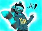  blue_fur blue_nose blue_tongue canine clothing cub cute english_text fox fur happy hoodie male mammal multiple_tails peace_sign solo tails text tongue tongue_out trancethefolfy v_sign young 
