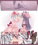  bangs bat_wings blunt_bangs blush closed_eyes comb commentary cutting_hair hammer_(sunset_beach) hat long_hair md5_mismatch multiple_girls open_mouth patchouli_knowledge purple_hair remilia_scarlet scissors severed_hair silver_hair skirt skirt_set smile touhou wings 