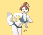  anthro arm_support black_nose bra brown_hair canine clothed clothing female front fur hair hand_on_hip looking_at_viewer mammal markings muscles muscular_female naughty_face navel panties pinup plain_background pose shirt short_hair shorts simple_background skimpy smile socks_(marking) solo standing underwear white_fur white_wolf wolf yellow_background yellow_eyes yulliandress 