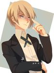  adjusting_eyewear ai-wa blonde_hair blue_eyes danganronpa danganronpa_1 formal glasses male_focus necktie solo suit togami_byakuya 