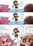  &gt;_&lt; alternate_costume ashigara_(kantai_collection) bangs black_hair blunt_bangs blush braid brown_hair chibi closed_eyes comic cosplay drunk food full-face_blush hairband highres japanese_clothes jun'you_(kantai_collection) kantai_collection kitakami_(kantai_collection) laughing long_hair multiple_girls navel neckerchief ooi_(kantai_collection) ooi_(kantai_collection)_(cosplay) parody pleated_skirt purple_hair sausage school_uniform serafuku sidelocks single_braid skirt socks_removed tanaka_kusao teapot translated turning_head 