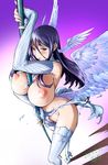  between_breasts blue_eyes blue_hair blush boots breasts detached_sleeves erect_nipples head_wings high_heel_boots high_heels konkitto large_breasts long_hair looking_at_viewer nipples pole purple_hair solo standing sweat thigh_boots thighhighs torn_clothes white_legwear wings 