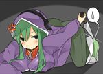  1girl blush breasts green_eyes green_hair hood hoodie kagerou_project kido_tsubomi knife large_breasts long_hair mikagelove solo 